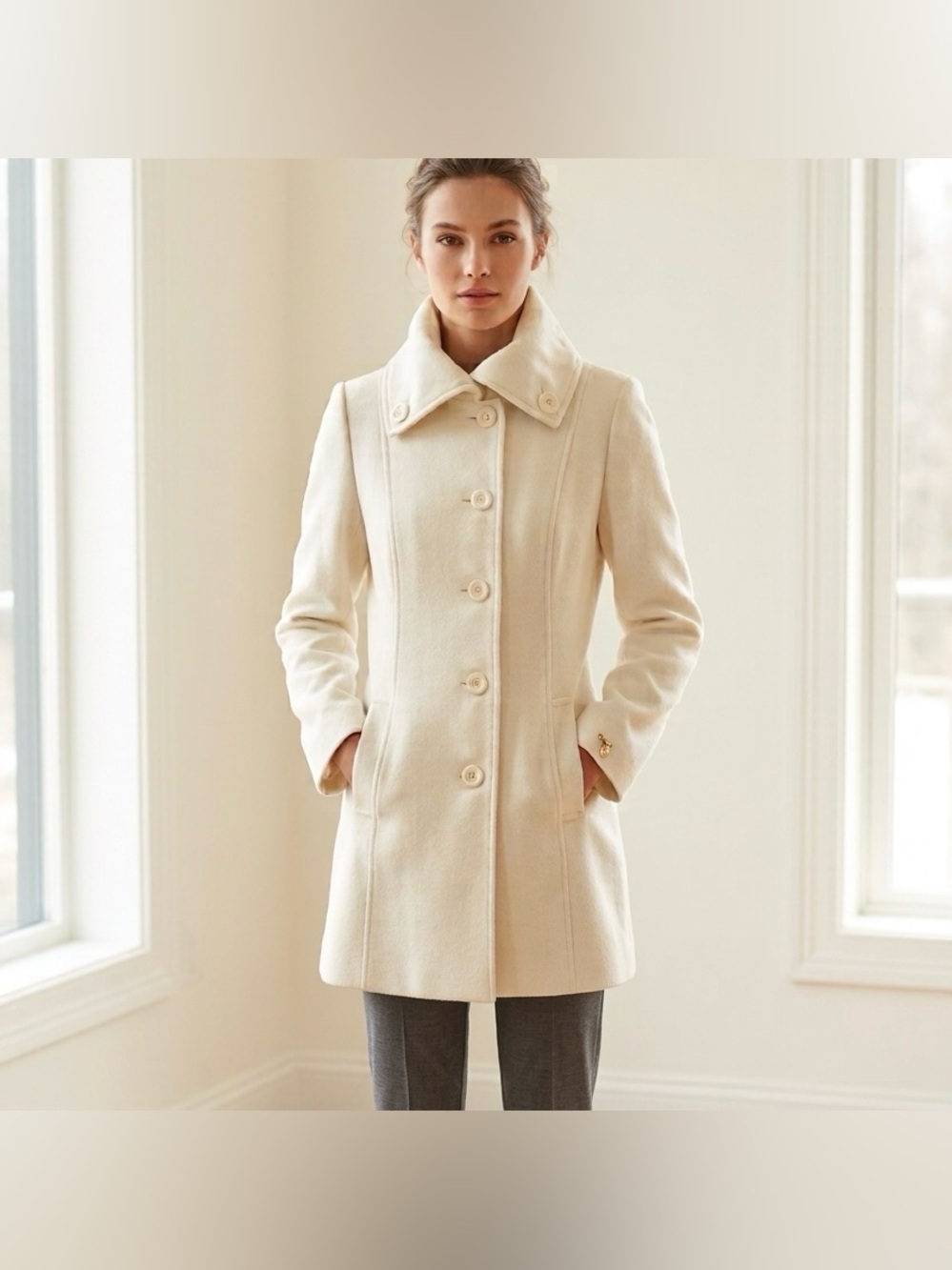 Foxy Jeans Single Breasted Button Up Wool Trench Coat Jacket Womens Size M